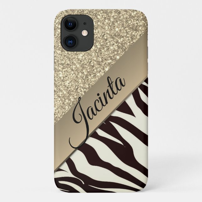  Gold Glam Glitter Zebra Print Personalized Case-Mate iPhone Case (Back)