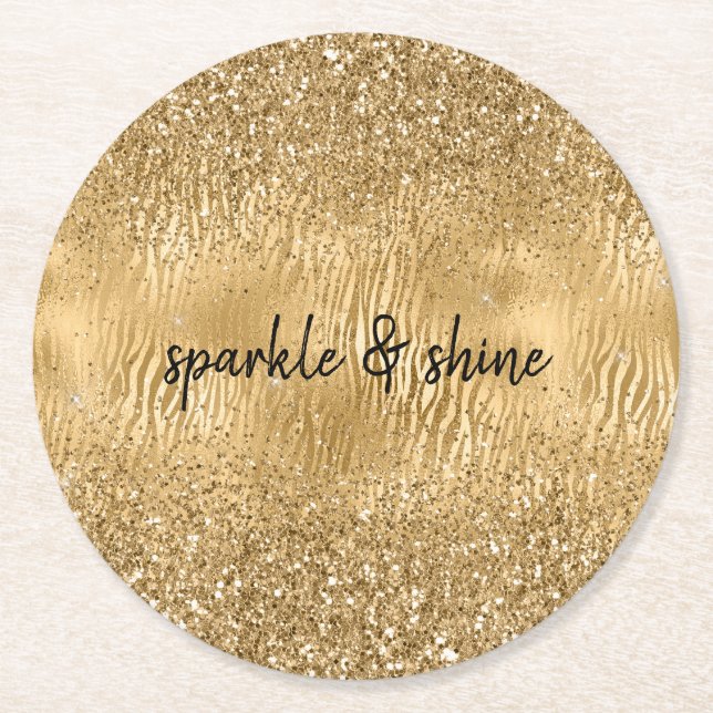 Gold Glam Glitz Zebra Print Faux Glitter Round Paper Coaster (Front)