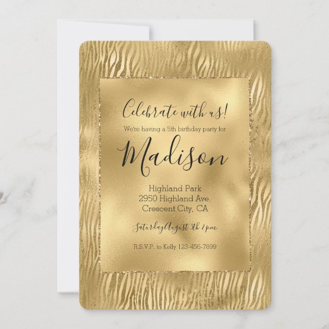 Gold Glam Glitz Zebra Print Invitation (Front)