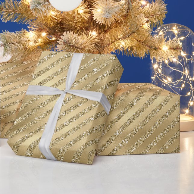 Gold Glam Glitzy Glitter Stripes Wrapping Paper (Holidays)