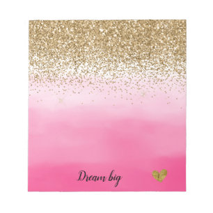 Gold Glam Glitzy Sparkle Glitter Pink Watercolor Notepad