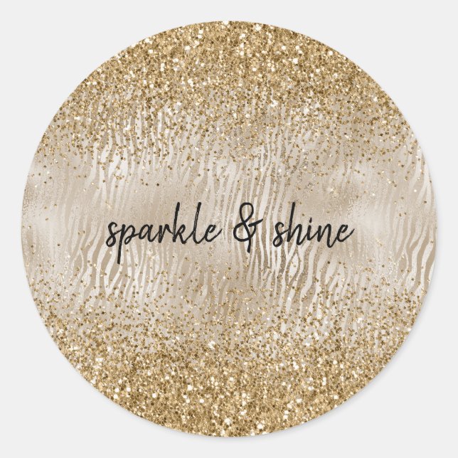 Gold Glam Glitzy Zebra Print Faux Glitter Classic Round Sticker (Front)