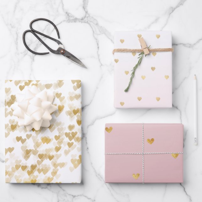 Gold Glam Hearts Confetti Variety Wrapping Paper Sheet (Front)