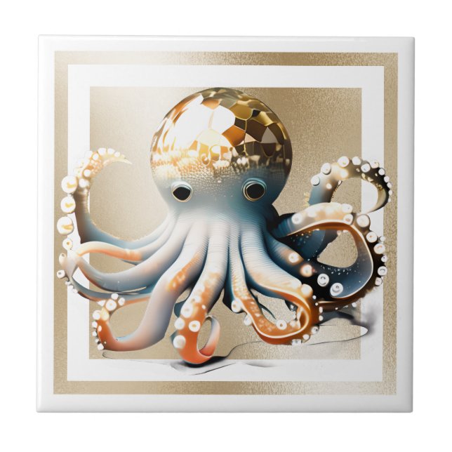 Gold glam octopus decorative beach ocean theme  tile (Front)