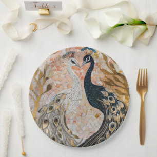 Gold Glam Peacocks Wedding Paper Plate
