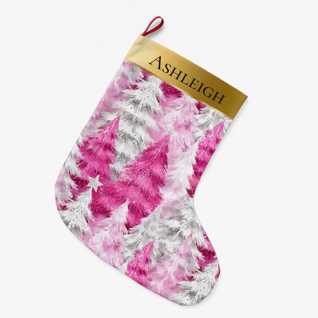 Gold Glam Pink White Christmas Trees Large Christmas Stocking (Front (Hanging))