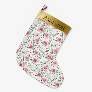 Gold Glam Pink White Floral Hearts Christmas  Large Christmas Stocking