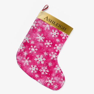 Gold Glam Pink White Snowflakes Christmas Large Christmas Stocking