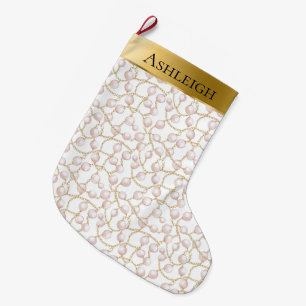 Gold Glam Pretty Chic Pink Pearls Christmas  Large Christmas Stocking