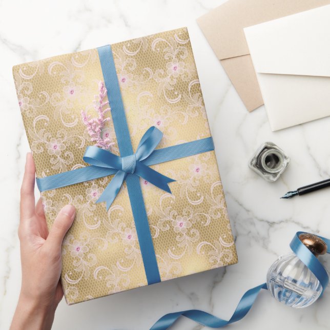 Gold Glam Pretty Pink Floral Lace Bridal Shower Wrapping Paper (Gifting)