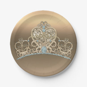 Gold Glam Princess Heart Tiara Birthday Party Paper Plate