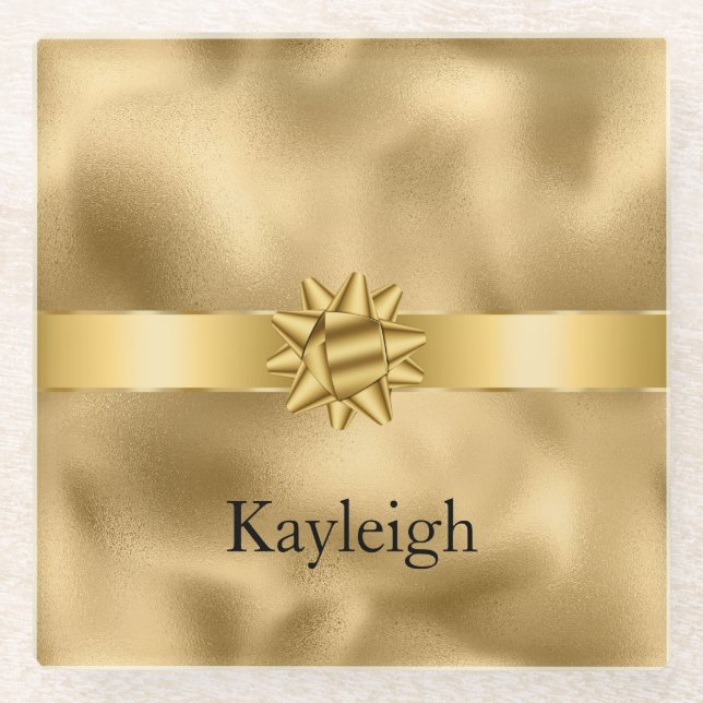 Gold Glam Ribbon and Bow Christmas Glass Coaster (Front)