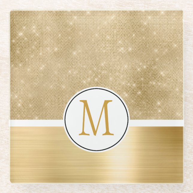 Gold Glam Sparkle Monogram Glass Coaster (Front)