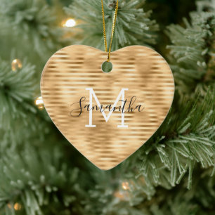 Gold Glam Stripes personalized Monogram Ceramic Ornament