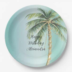 Gold Glam Tropical Palm Tree Birthday Paper Plate