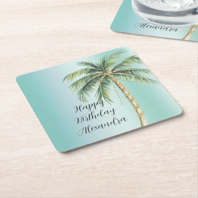 Gold Glam Tropical Palm Tree Birthday Square Paper Coaster (Angled)