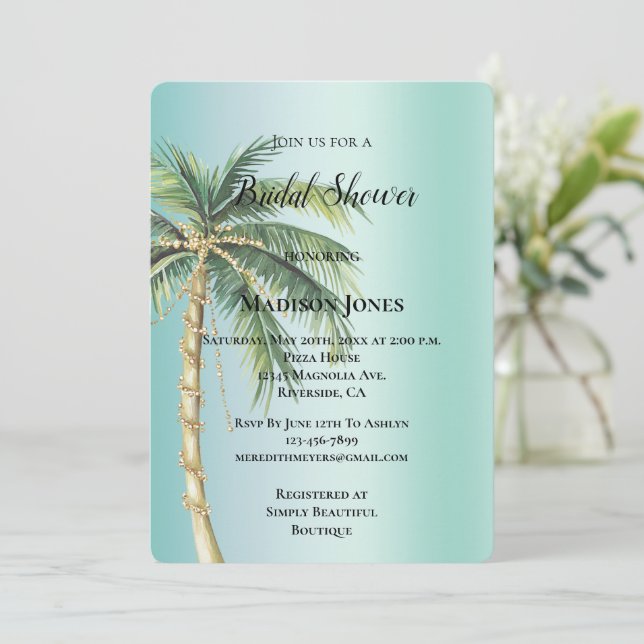 Gold Glam Tropical Palm Tree Bridal Shower Invitation (Standing Front)