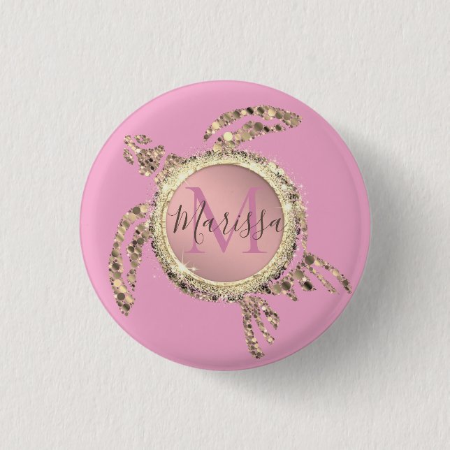 Gold Glam Turtle Monogram  1 Inch Round Button (Front)