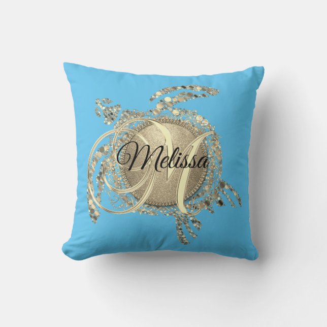 Gold Glam Turtle Monogram Personalized Throw Pillow (Front)