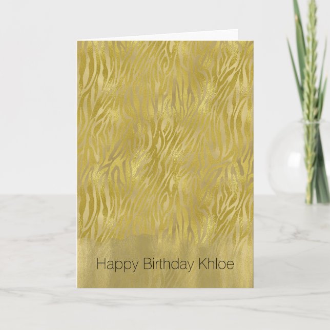 Gold Glam Zebra Print Stripes Birthday Card (Front)