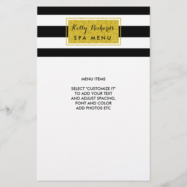 Gold Glamour Black White Stripes Salon Menu (Front)