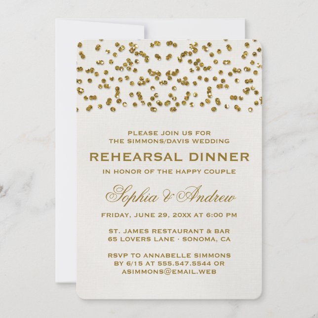 Gold Glamour Glitter Confetti Rehearsal Dinner Invitation (Front)