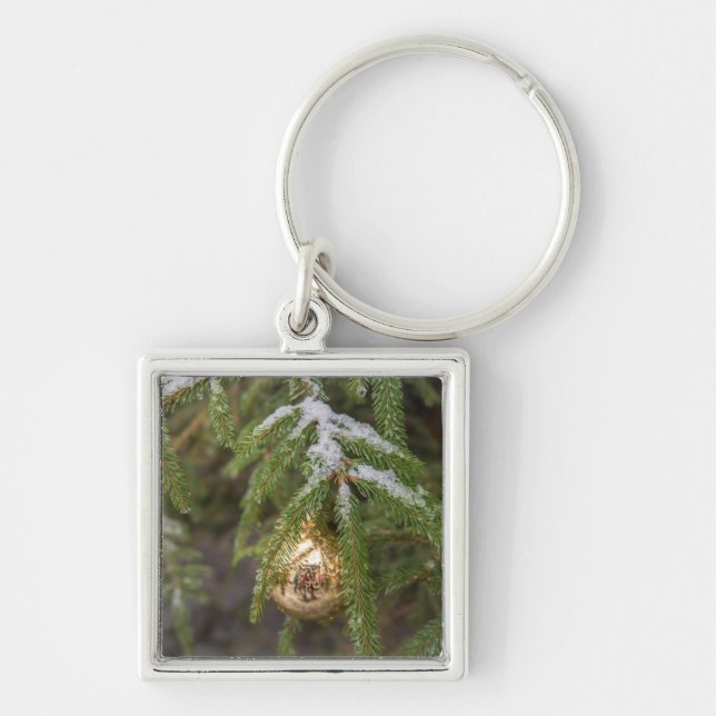 Gold Glass Christmas Ornament On Evergreen Tree Keychain (Front)