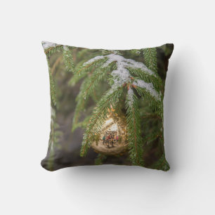 Gold Glass Christmas Ornament On Evergreen Tree Throw Pillow