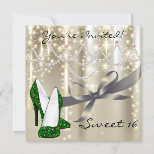 Gold Glimmer Emerald Glitter Shoes Sweet Sixteen Invitation