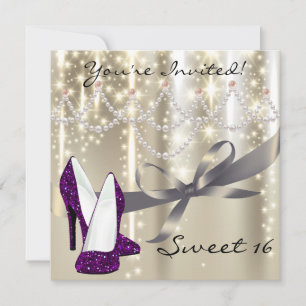 Gold Glimmer Purple Glitter Shoes Sweet Sixteen Invitation