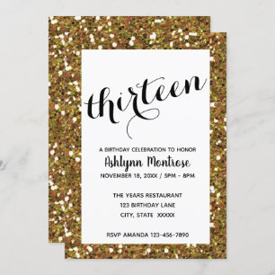 Gold Glitter 13th Birthday Invitation
