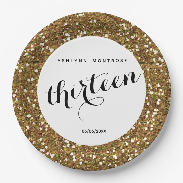 Gold Glitter 13th Birthday Paper Plate (Front)