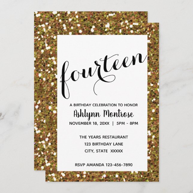 Gold Glitter 14th Birthday Invitation (Front/Back)