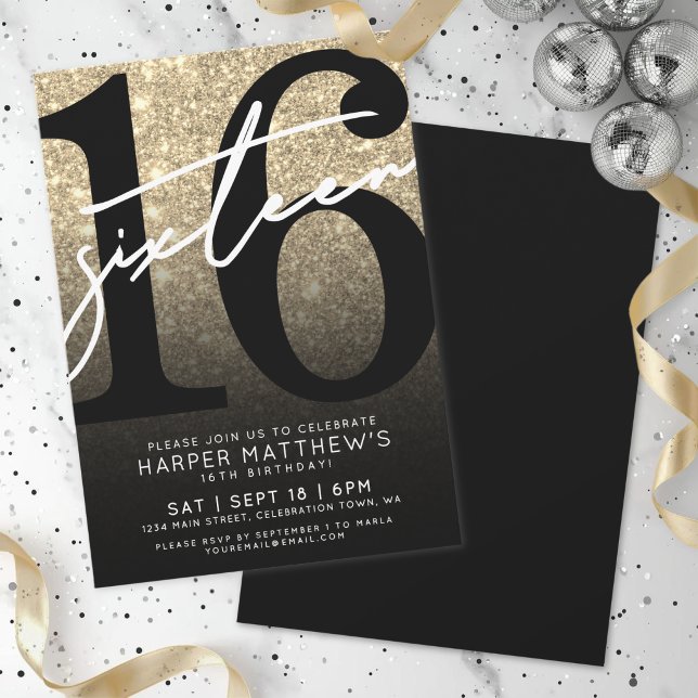 Gold Glitter 16th Birthday Invitation (Gold Glitter 16th Birthday Invitation )