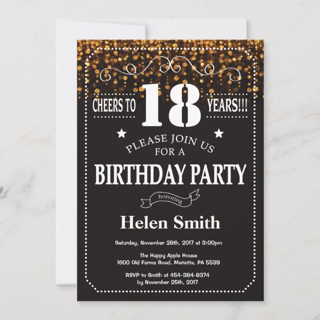 Gold Glitter 18th Birthday Invitation (Front)