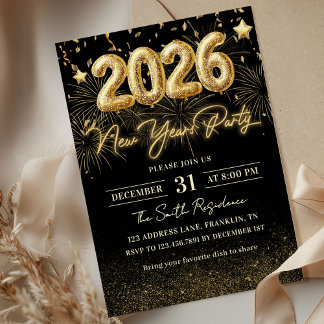 Gold Glitter 2026 New Year Party Invitation