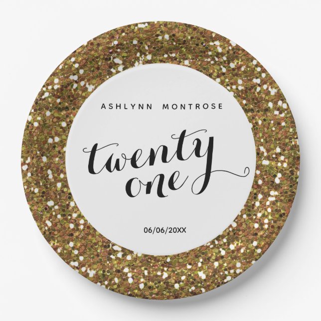 Gold Glitter 21st Birthday Paper Plate (Front)