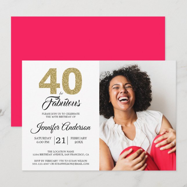 Gold Glitter 40 Fabulous Birthday Diva Pink Photo  Invitation (Front/Back)