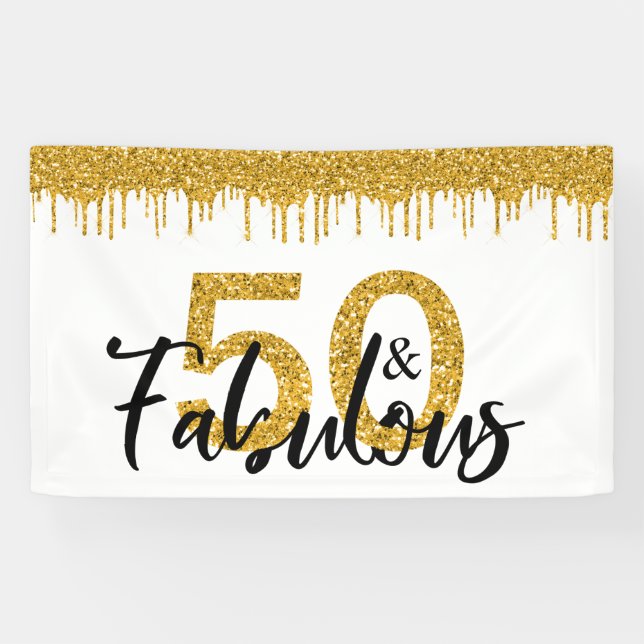 Gold Glitter 50 and Fabulous Birthday Decoration Banner (Horizontal)