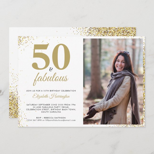 Gold Glitter 50 And Fabulous Birthday Invitation (Front/Back)