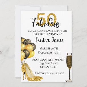 Gold Glitter 50 and Fabulous Fifty Birthday Gold Invitation