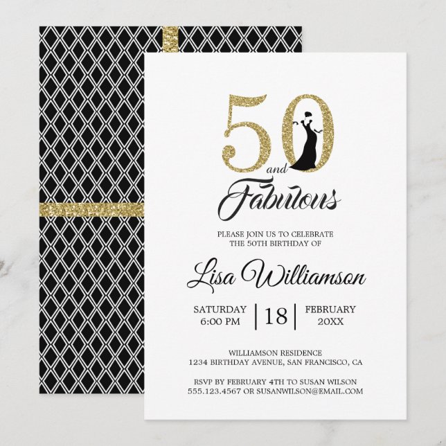 Gold Glitter 50 Fabulous | 50th Birthday Party Invitation (Front/Back)