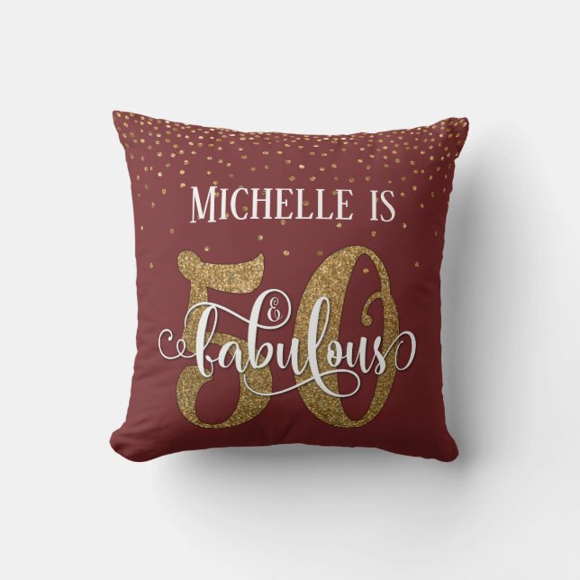Gold Glitter 50 & Fabulous Birthday Burgundy Throw Pillow (Front)