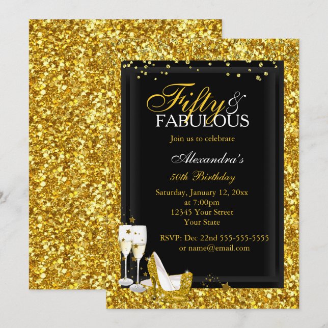 Gold Glitter 50 Fabulous Birthday champagne party Invitation (Front/Back)