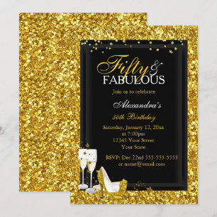 Gold Glitter 50 Fabulous Birthday champagne party Invitation