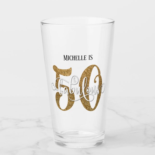 Gold Glitter 50 & Fabulous Birthday with Name Glass (Front)