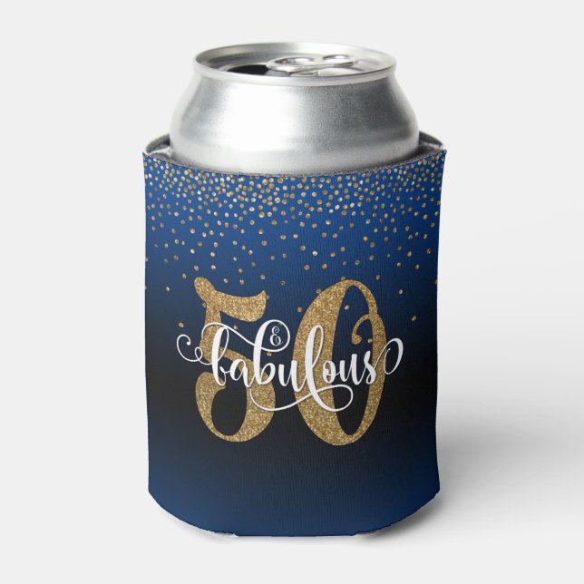 Gold Glitter 50 & Fabulous Blue Ombre Birthday Can Cooler (Can Front)
