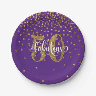 Gold Glitter 50 & Fabulous on Purple Birthday Paper Plate