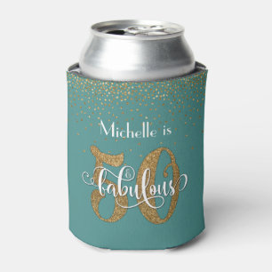 Gold Glitter 50 & Fabulous Teal Birthday Can Cooler
