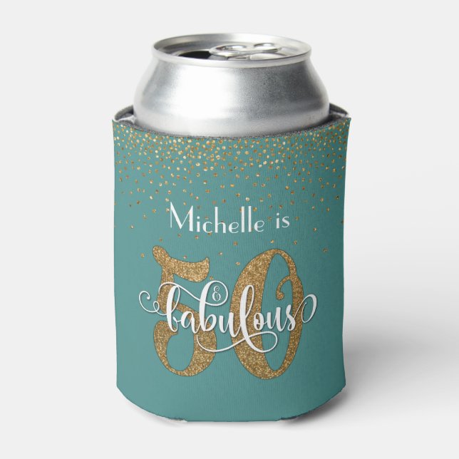 Gold Glitter 50 & Fabulous Teal Birthday Can Cooler (Can Front)